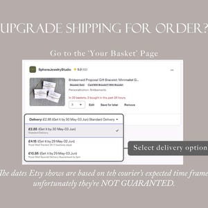 May include: Screenshot of an Etsy listing for a bridesmaid proposal gift bracelet. The image shows a drop-down menu with delivery options and the text "Select delivery option". The text "UPGRADE SHIPPING FOR ORDER?" is at the top.