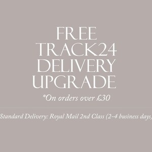 May include: A light gray background with white text that reads "FREE TRACK24 DELIVERY UPGRADE". Below the text is "*On orders over &pound;30" and "Standard Delivery: Royal Mail 2nd Class (2-4 business days)".