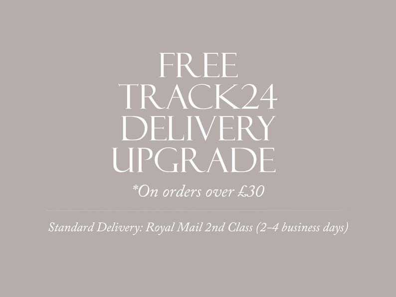 May include: A light gray background with white text that reads "FREE TRACK24 DELIVERY UPGRADE". Below the text is "*On orders over &pound;30" and "Standard Delivery: Royal Mail 2nd Class (2-4 business days)".