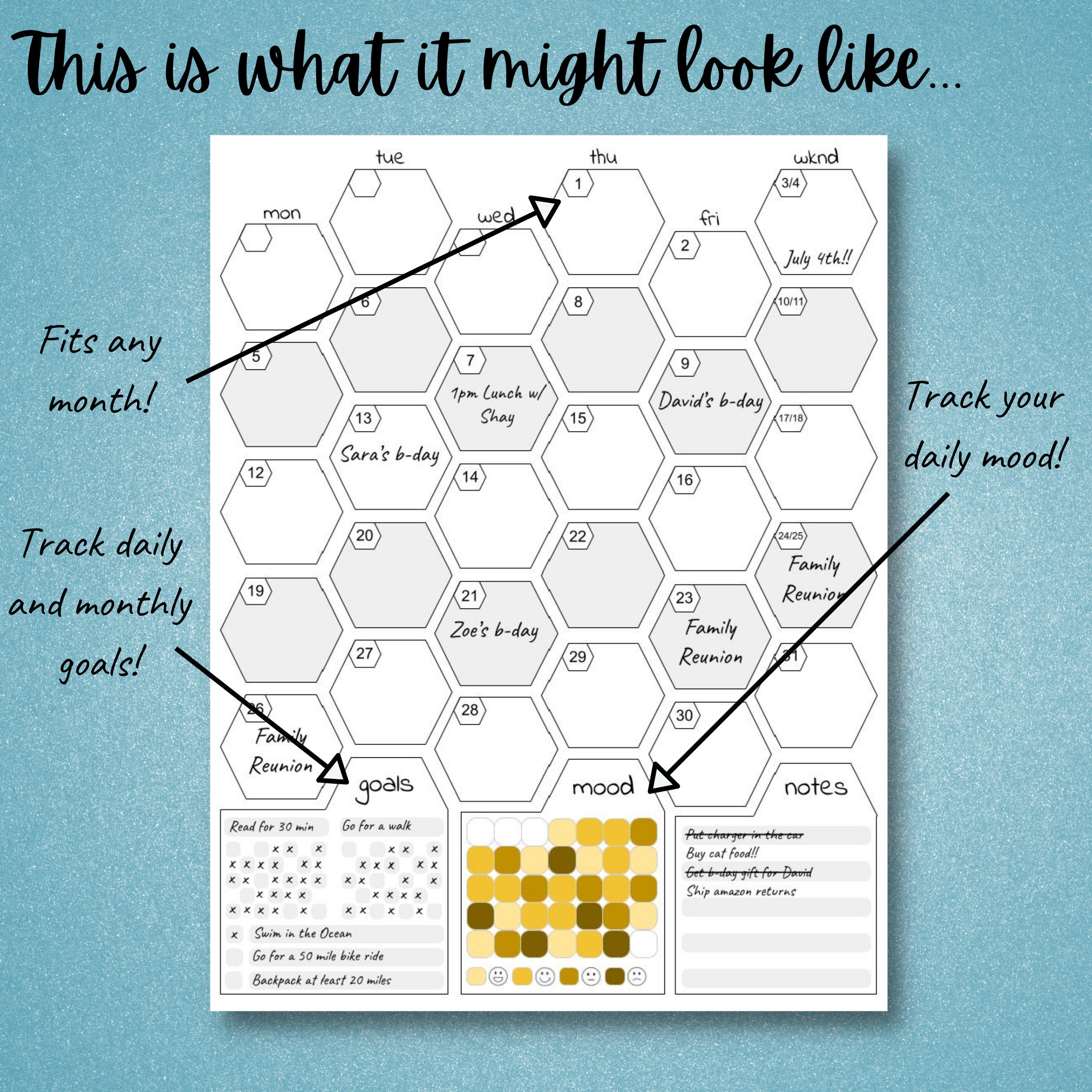 Planner Printables Digital Download Universal Month and Week Spread Honey Bee Themed Letter Size ...