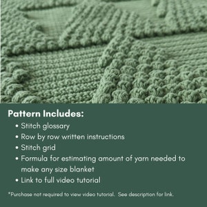 May include: A close-up of a green crocheted blanket with a text overlay that reads "Pattern Includes:" followed by a list of pattern features, including a stitch glossary, row-by-row written instructions, a stitch grid, a formula for estimating yarn needed, and a link to a full video tutorial.