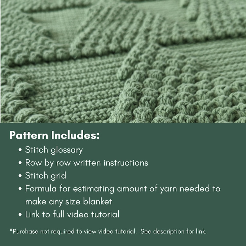 May include: A close-up of a green crocheted blanket with a text overlay that reads "Pattern Includes:" followed by a list of pattern features, including a stitch glossary, row-by-row written instructions, a stitch grid, a formula for estimating yarn needed, and a link to a full video tutorial.