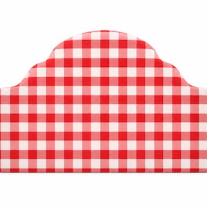 May include: A headboard featuring a red and white gingham check pattern. The headboard has a rectangular base with a curved, arched top edge, creating a distinct silhouette. The fabric is evenly patterned with a classic checkered design.