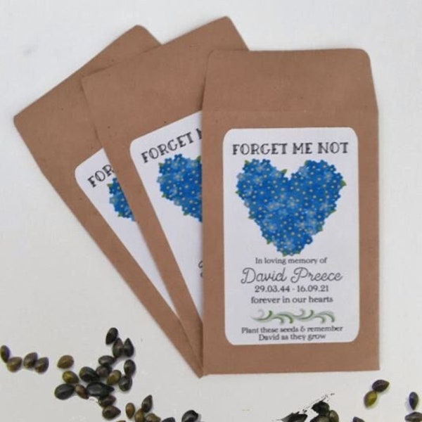 Funeral personalizado Forget Me Not Flower Seed Packets Sobres con semillas - Memorial Remembrance Favors Keepsake