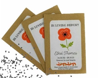 100 Personalised Funeral Favours Seed Packets Poppy Wreath with NO Seeds 