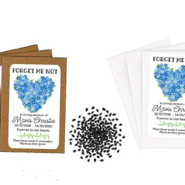 Personalisierte Beerdigung Vergissmeinnicht Blumensamen-Paket-Umschläge mit Samen - Gedenk-Erinnerungs-Gastgeschenk-Andenken