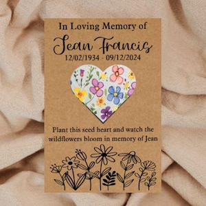 Cuore di semi di fiori selvatici funebri personalizzati - Bomboniere commemorative ricordo - Carta di semi piantabile - Ecologico