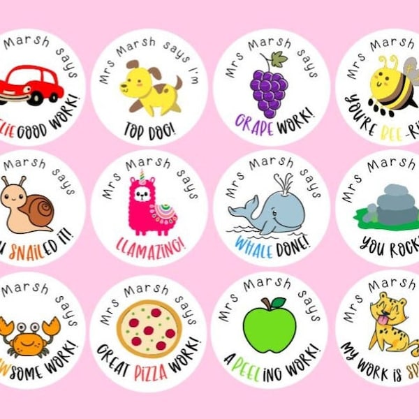 x35 Personalised Well Done Fun Pun TEACHER STICKERS - Teacher Rewards, Teacher Assistant Stickers, Personalised with teachers name!