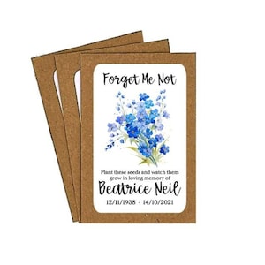 x100 Personalised Funeral Forget Me Not Flower Seed Packets Envelopes with Seeds - Memorial Remembrance Favours Keepsake