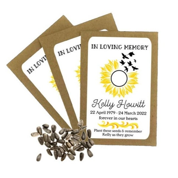 Personalised Funeral Sunflower Seed Packets Envelopes with Seeds - Memorial Remembrance Favours Keepsake Wake Loving Memory