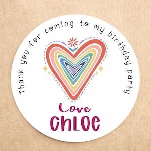 Autocollants d’anniversaire Rainbow Heart personnalisés | Remerciements autocollants | Étiquettes d’autocollants d’anniversaire | Autocollants de sac de fête | Autocollants Sweet Cone