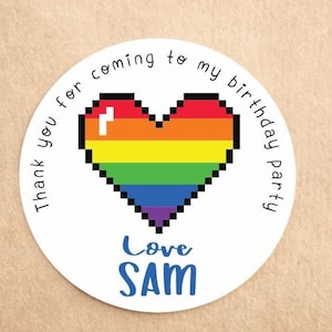 x35 Personalisierte Regenbogen Herz Geburtstag Sticker | DankeSchöne Sticker | Gamer Geburtstag Sticker | Partytasche Sticker | Süße Kegel Sticker