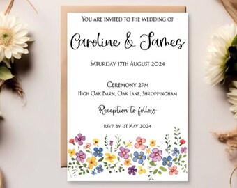 Invitaciones de boda personalizadas A5 con sobres / Invitaciones de boda de flores silvestres / Invitaciones de boda hechas a mano / Invitaciones de noche