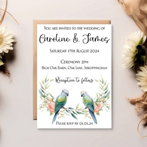 Personalised A5 Wedding Invitations with Envelopes | Lovebirds Wedding Invites | Handmade Wedding Invitations | Wedding Evening Invitations