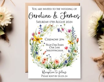 Invitaciones de boda personalizadas A5 con sobres / Invitaciones de boda de flores silvestres / Invitaciones de boda hechas a mano / Invitaciones de noche