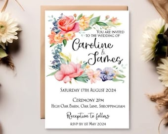 Invitaciones de boda personalizadas A5 con sobres / Invitaciones de boda con flores / Invitaciones de boda hechas a mano / Invitaciones de noche