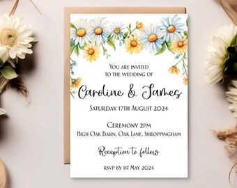 Personalised A5 Wedding Invitations with Envelopes | Daisy Flower Wedding Invites | Handmade Wedding Invitations | Evening Invitations