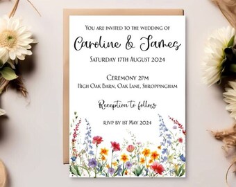 Invitaciones de boda personalizadas A5 con sobres / Invitaciones de boda de flores silvestres / Invitaciones de boda hechas a mano / Invitaciones de noche