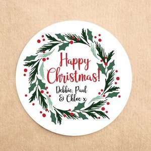 Adesivi personalizzati di buon Natale con ghirlande di agrifoglio / Etichette regalo / Etichette regalo / Etichette per confezioni natalizie / Adesivi natalizi per la famiglia