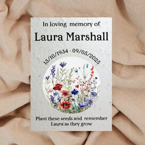 Bomboniere funebri personalizzate con semi di fiori di campo, biglietti commemorativi, ricordi, ricordi - Carta con semi piantabili - Ecologica