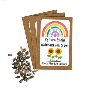 Peut inclure: Un ensemble de trois sachets de graines en papier brun avec une étiquette blanche. L'étiquette représente un arc-en-ciel composé de fournitures scolaires, deux tournesols et le texte "It's been lovely watching you grow! From Mrs. Robinson x".