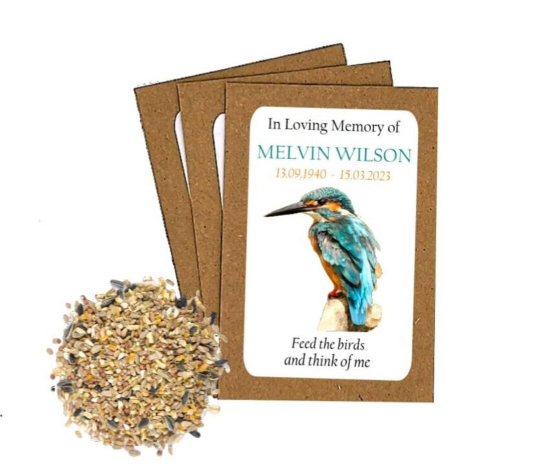 Personalised Funeral Kingfisher Bird Seed Packets Envelopes With Bird