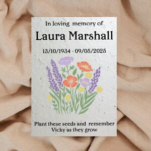 Personalised Funeral Favours Wildflower Seeded Card Memorial Remembrance Favours Keepsake - Plantable Seed Paper -  Eco Friendly