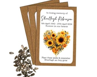 x 50 gepersonaliseerde begrafeniszonnebloemzaadzakjes enveloppen met zaden - Memorial Remembrance Favors Keepsake Wake Loving Loving Memory