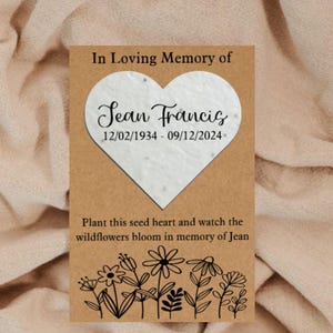 Cuore di semi di fiori selvatici funebri personalizzati - Bomboniere commemorative ricordo - Carta di semi piantabile - Ecologico