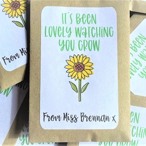 以下が含まれることがあります： ブラウンの紙製の種のパケットで、白いラベルには「It's been lovely watching you grow」と書いてあり、ヒマワリのイラストが描かれています。ラベルには「From Miss Brennan x」とも書いてあります。