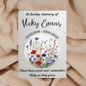 Recuerdos funerarios personalizados con tarjeta de semillas de flores silvestres, recuerdo conmemorativo - Papel con semillas plantable - Ecológico