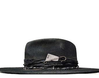 custom mens rock n roll fedora distressed, western gamblers hat, western rock hat, alt mens outfit, old style fedora hat,  dark country men