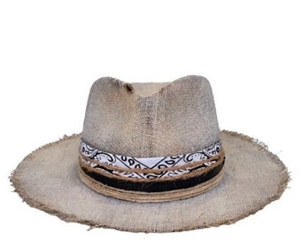 custom mens boho rock n roll sun hat distressed,  mens sun hat, mens summer hat, natural straw hat mens, unique sun hat mens