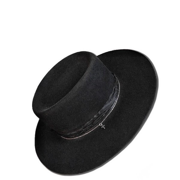 custom mens goth rock wide brim hat, street style rock n roll hat , stylish gambler hat, western rock hat, goth stylish hat