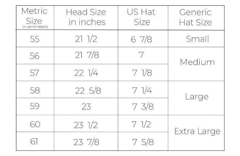 Może przedstawiać: Czarno-biała tabela przeliczeniowa rozmiar&oacute;w kapeluszy z czterema kolumnami: Metric Size (w centymetrach), Head Size in inches, US Hat Size oraz Generic Hat Size. Tabela zawiera rozmiary od 55 do 61 centymetr&oacute;w wraz z odpowiadającymi im rozmiarami US.