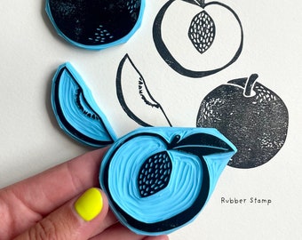 Peach Rubber Stamp | Peach Fruit Stamp | Handcarved Rubber Stamp | Cute Fruit Stamp | Linocut Peach Fruit Stamp | Peach Slice | Peachy