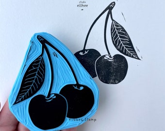 Cherries Rubber Stamp | Cherry Fruit Stamp | HandCcarved Rubber Stamp | Cute Fruit Stamp | Linocut Cherries Fruit Stamp | Linocut Stamp