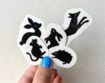 Forest Animals Rubber Stamp Set | Bunny Deer Mouse Hedgehog Fox Stamps | Handcarved Rubber Stamp | Cute Animals Stamp Set | Linocut Stamp