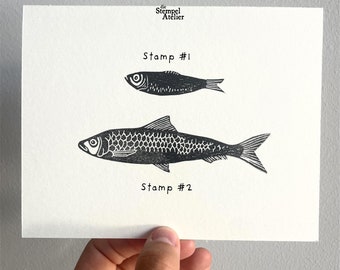 Sardinen Fisch Stempel | Wasserfisch Stempel | Handgeschnitztes Stempelgummi | Fisch Stempel | Linolschnitt Tier Tinfisch Stempel | Sardine Stempel