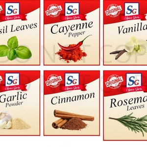 May include: Six red and white spice jars with labels for Basil Leaves, Cayenne Pepper, Vanilla, Garlic Powder, Cinnamon, and Rosemary Leaves. Each jar features a small image of the spice.