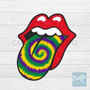 May include: Red glitter lips with a tie-dye tongue in green, yellow, and purple colors. The tongue is sticking out and has a swirl pattern.