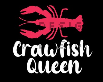 Könnte beinhalten: Eine rosa Krebssilhouette mit dem Text "Crawfish Queen" in Weiß.