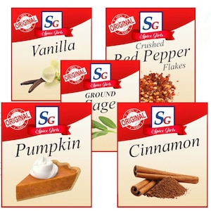May include: Five spice jars with red labels and white text. The labels say "100% Original" and "SG Spice Girls". The spices are: Vanilla, Crushed Red Pepper Flakes, Ground Sage, Pumpkin, and Cinnamon.
