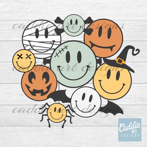 May include: A set of nine Halloween-themed smiley face stickers. The stickers are in various colors, including green, orange, yellow, and white. Each sticker features a different Halloween-themed design, such as a mummy, a vampire, a pumpkin, and a witch.