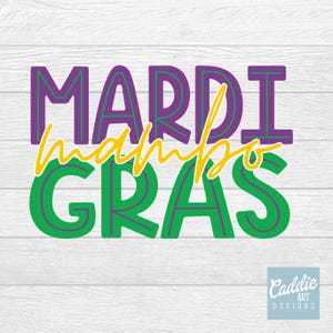 May include: A graphic design featuring the words "Mardi Gras" in purple and green, with "mambo" in yellow script. The design is set against a white wood-grain background, perfect for festive decor or apparel.