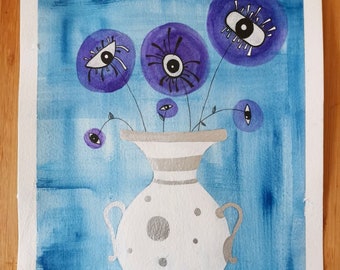 Original Artwork: "Eyeflower" A4, Watercolour, Gouache & Ink on paper