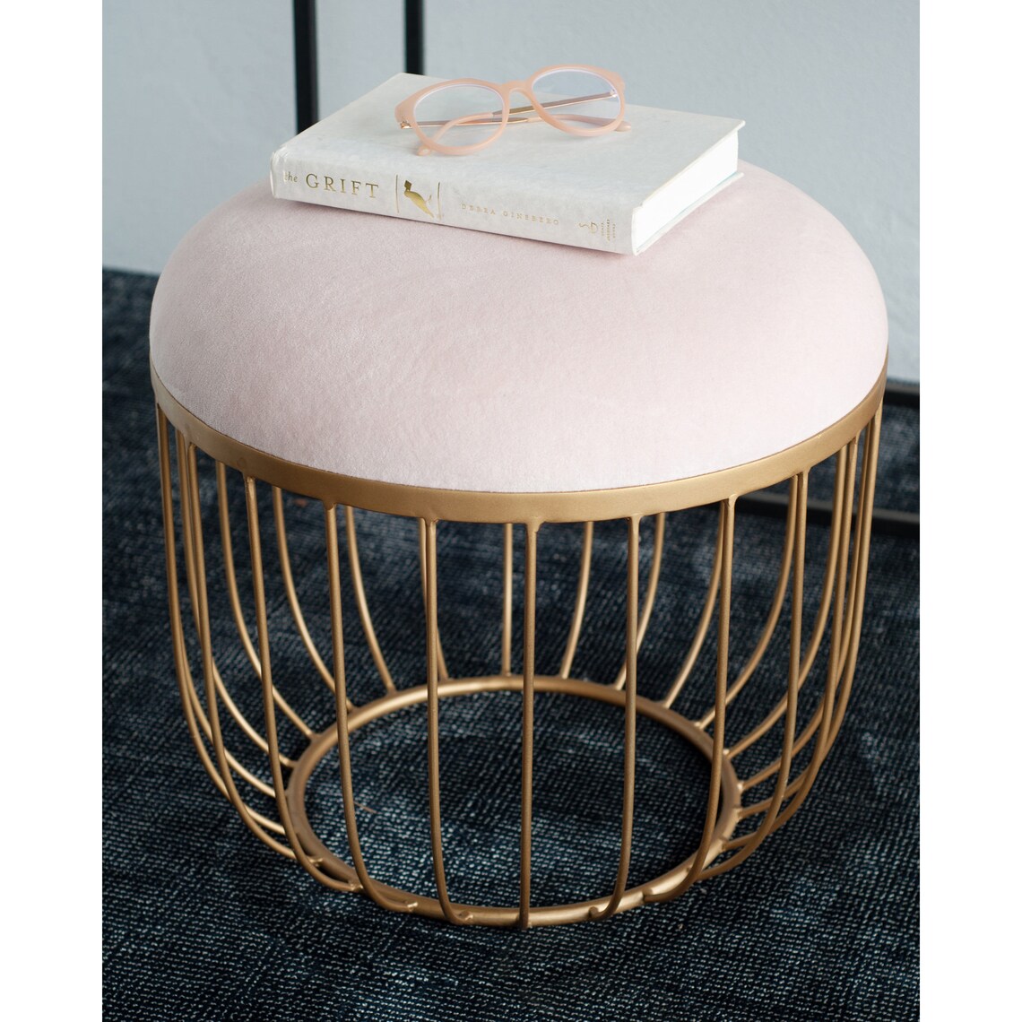 Round GoldPink Cotton Velvet Ottoman Round Ottoman Pink Etsy