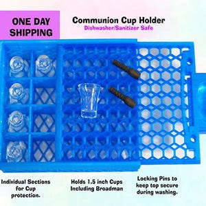 May include: Blue plastic communion cup holder with individual sections for cup protection. It holds 1.5 inch cups, including Broadman cups. Locking pins keep the top secure during washing. Dishwasher and sanitizer safe.