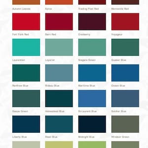A color swatch chart displaying various shades of yellow, orange, red, turquoise, blue, and green with individual labels.