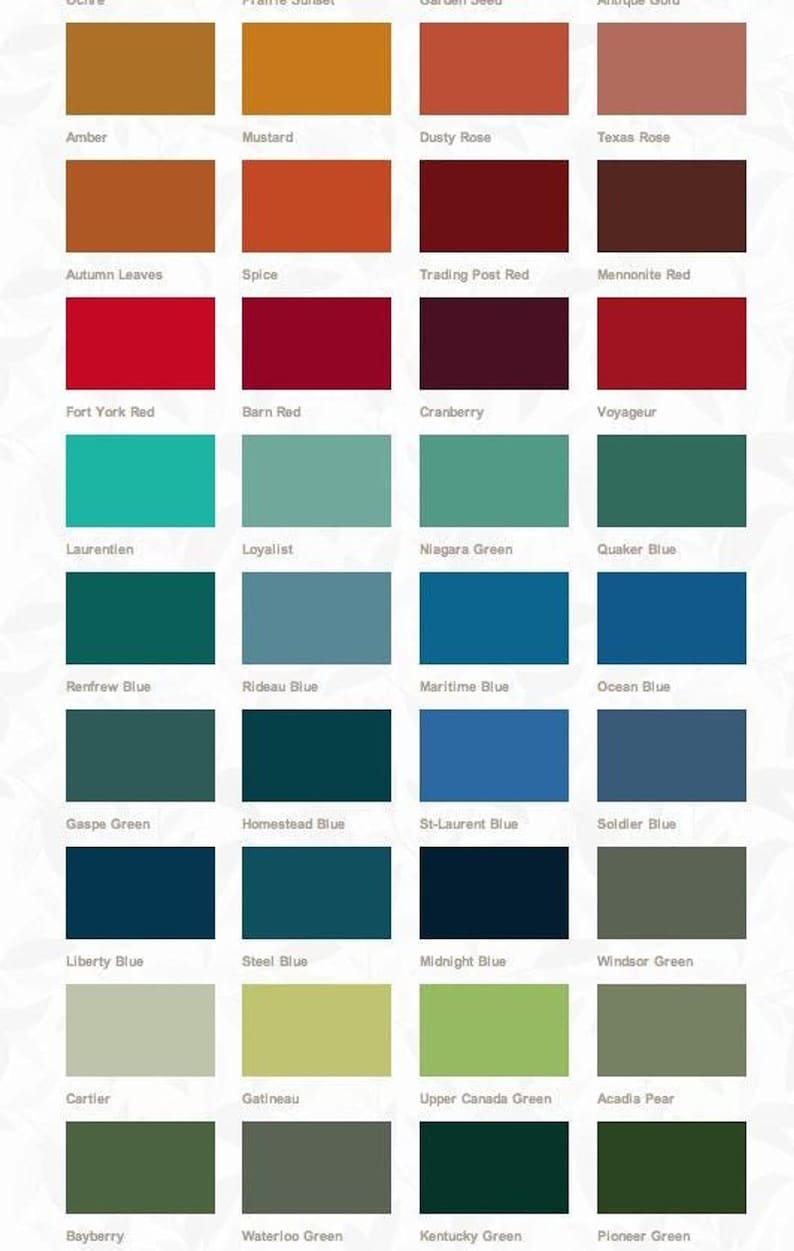 A color swatch chart displaying various shades of yellow, orange, red, turquoise, blue, and green with individual labels.